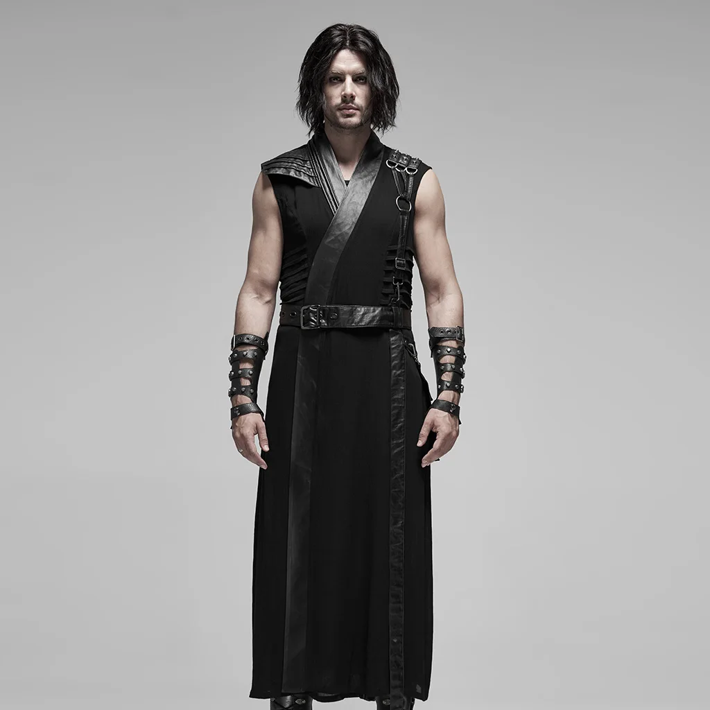 

PUNK RAVE Men's Punk Black Japanese Warrior Long Vest Handsome Personality Asymmetrical Design Imitation Leather Cosplay Costume