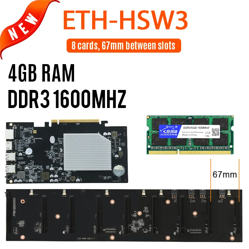 Набор материнской платы для майнинга ETH-HSW3 8 GPU (расстояние 67 мм) с 4 Гб DDR3 1600 МГц ОЗУ