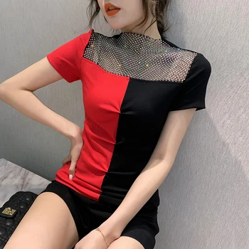 

Summer Korean Clothes T-shirt Patchwork Drape Shiny Diamonds Women Tops Ropa Mujer Shirt Sexy Hollow Out Tees 2020 New T04905