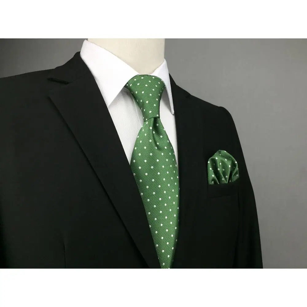 E21 Green Polka Dots Silk Mens Necktie Set Classic Fashion Ties for Male Brand New Accessory Hanky Extra Long Size