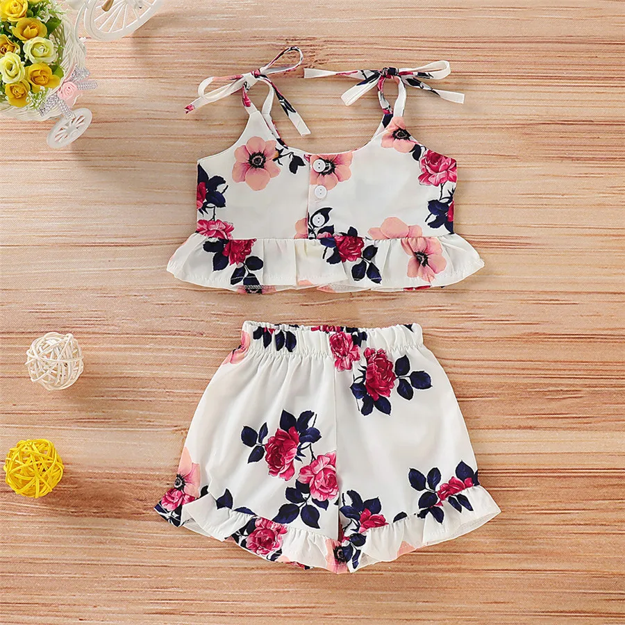 Children's sleeveless flower sling pleated top shorts suit  baby Kid girl sleeveless floral ruffle Vest tops+shorts outfits 40A1 (3)
