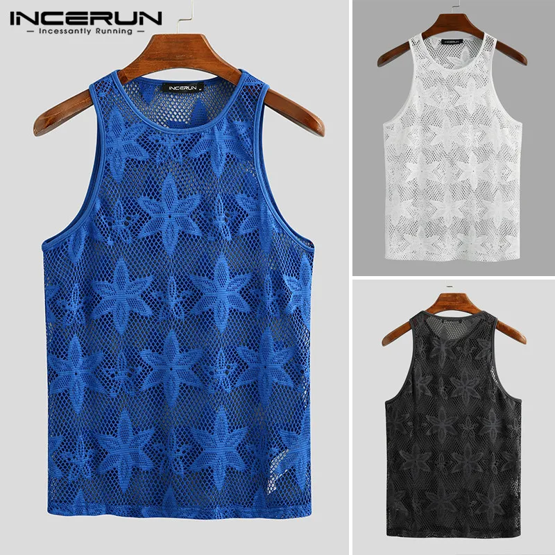 INCERUN Summer Mesh Men Tank Tops Sleeveless See Through Casual 2021