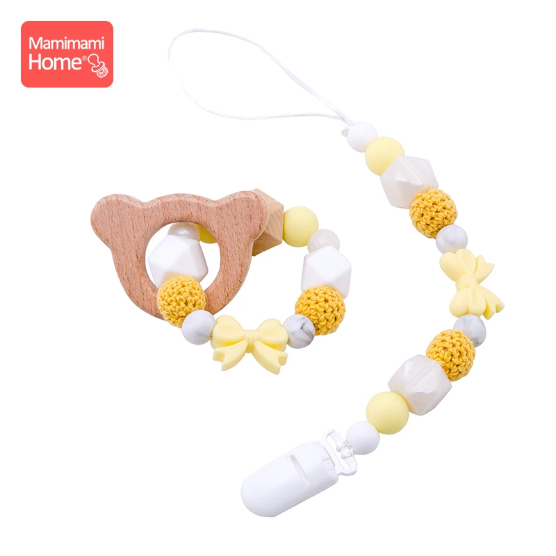 Yellow Bear 1 комплект, детский прорезыватель, цепочка, погремушка, детские браслеты для кормящих детей, силиконовые бусины, деревянные подвески для грызунов, детские товары - Цвет: Yellow Bear