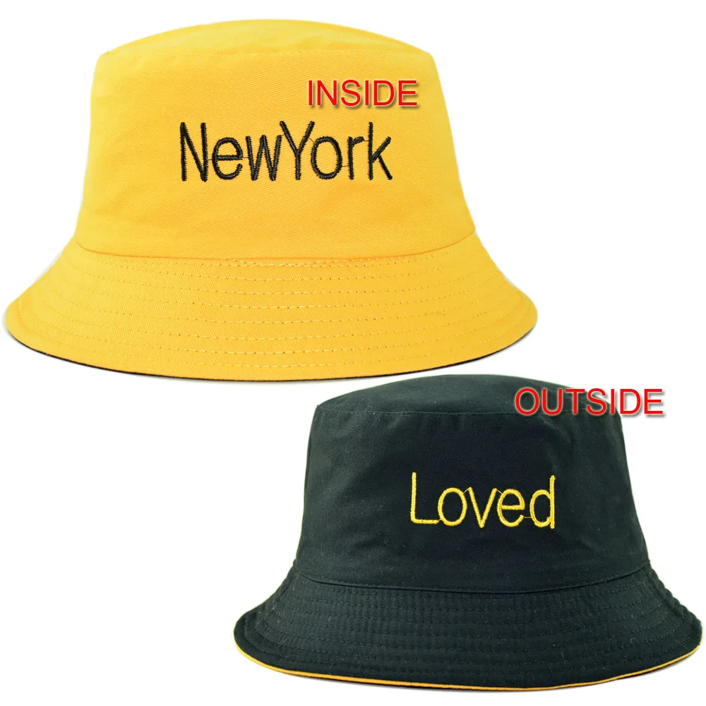 Двусторонняя шляпа-ведро для женщин, хлопковая шляпа с вышивкой смайлика, двухсторонняя Панама, Весенняя Осенняя крутая шляпа для мужчин - Цвет: newyork yellow