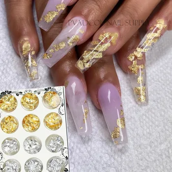 

3D Nail Art Foil Flakes Decoration Chunky Glitter Gold Silver Pack of 12 Acrylic Designs Manicure Tool
