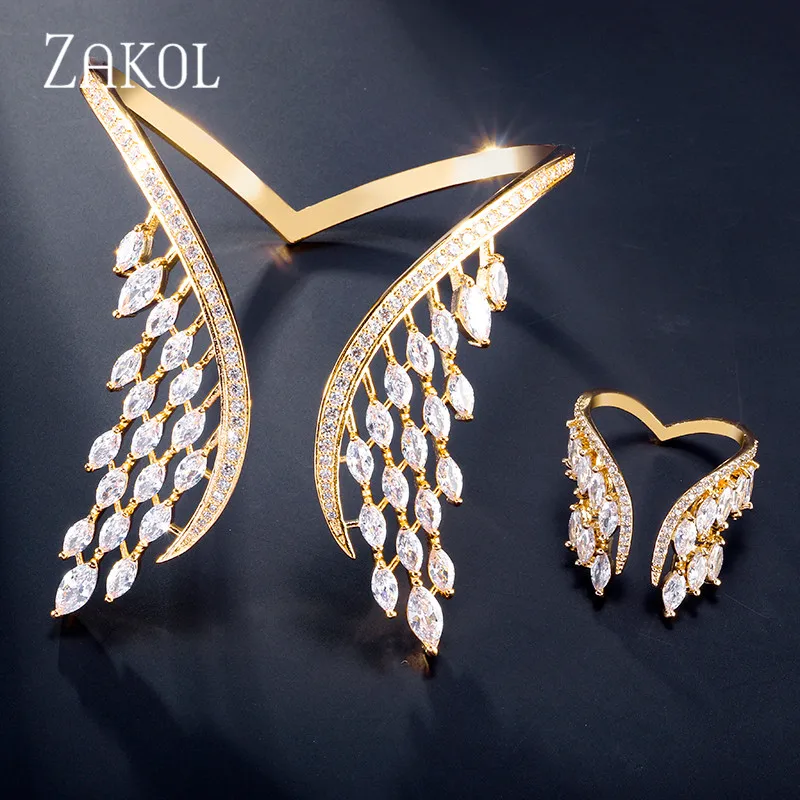 ZAKOL романтическое кольцо с кубическим цирконием и крыльями, регулируемый браслет, набор свадебных украшений для женщин, для свадьбы, юбилея, FSSP3047 - Окраска металла: Gold Color
