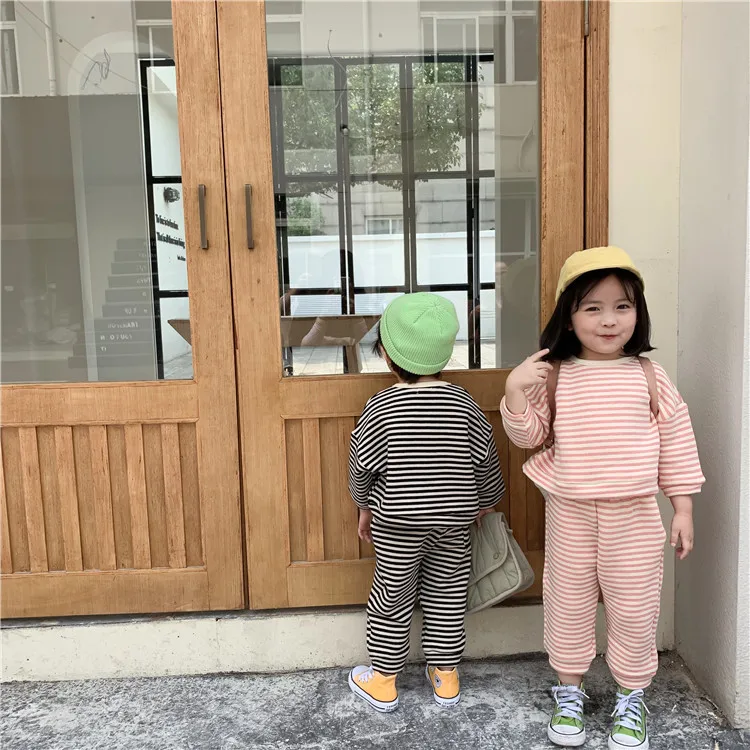 

Left Prince CHILDREN'S Suit 2019 Autumn And Winter New Style Korean-style Men And Women Children Stripes Hoodie Fleece Two-Piece