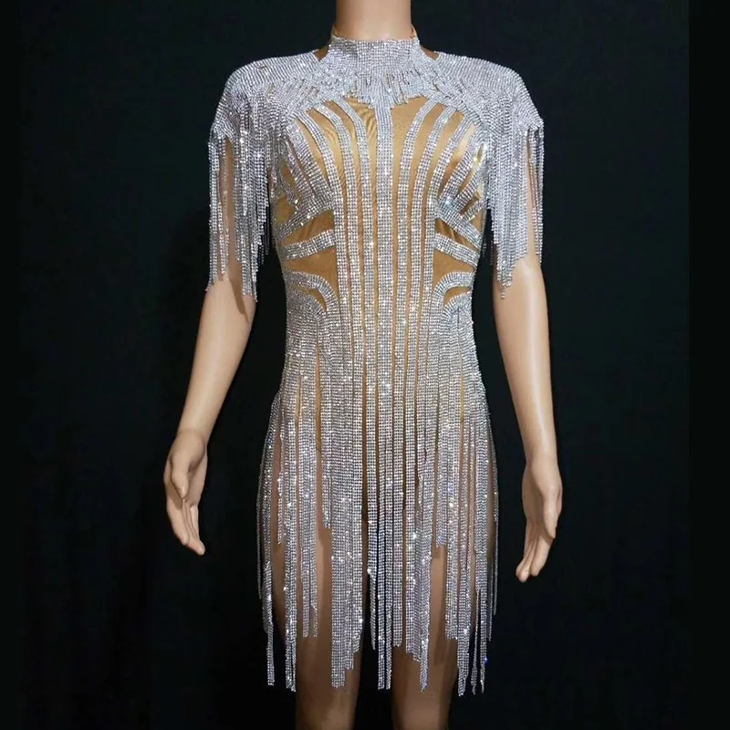 

Sparkly Silver Fringes Bodysuit Women Celebrate Costume Female Singer Tassels Leotard Festival Performance Dance Wear DT1615