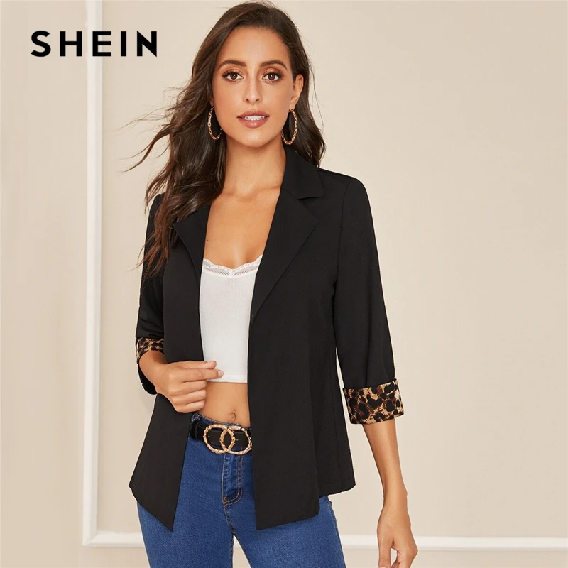 

SHEIN Notched Collar Leopard Print Cuffed Sleeve Elegant Blazer Women 2019 Autumn Roll Up Sleeve Office Ladies Blazer Coats