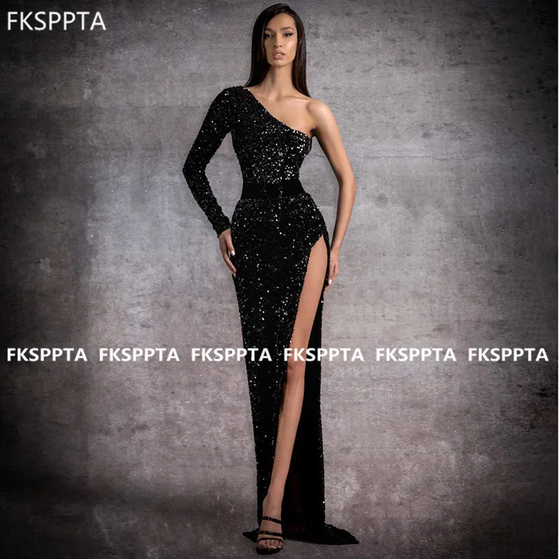 

New Black Sparkly One Shoulder Prom Dresses High Slit Long Sleeve Sequin Party Dress Sexy Women Formal Gowns Robe De Soiree