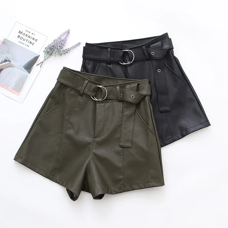 

WYNNE GADIS Simple Solid Color PU Leather Shorts Autumn Sashes Loose Women Girl Straight Shorts
