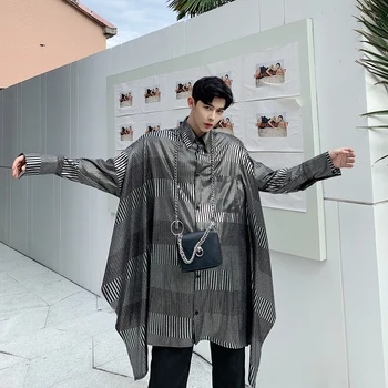 

Men Long Sleeve Silvery Stripe Long Style Irregular Shirt Cardigan Male Streetwear Punk Gothic Loose Casual Shirts Stage Clothes