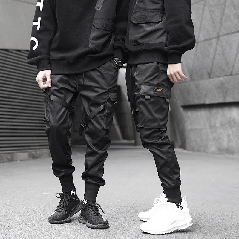 Мужские черные брюки карго с несколькими карманами, шаровары для бега Харадзюку, спортивные брюки в стиле хип-хоп