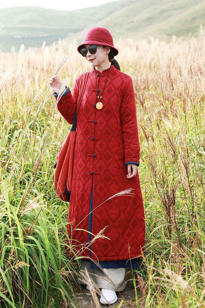 LZJN 2019 Winter Jacket Women Stand Collar Quilted Overcoat Long Chinese Parka Jacquard Autumn Coat Pocket Winterjas  (24)