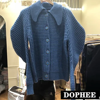 

New Autumn and Winter Women Pink Lapel Bubble Sleeve Cardigan Sweater Lazy Wind Thicken Knitted Coat Female Students Knitwear