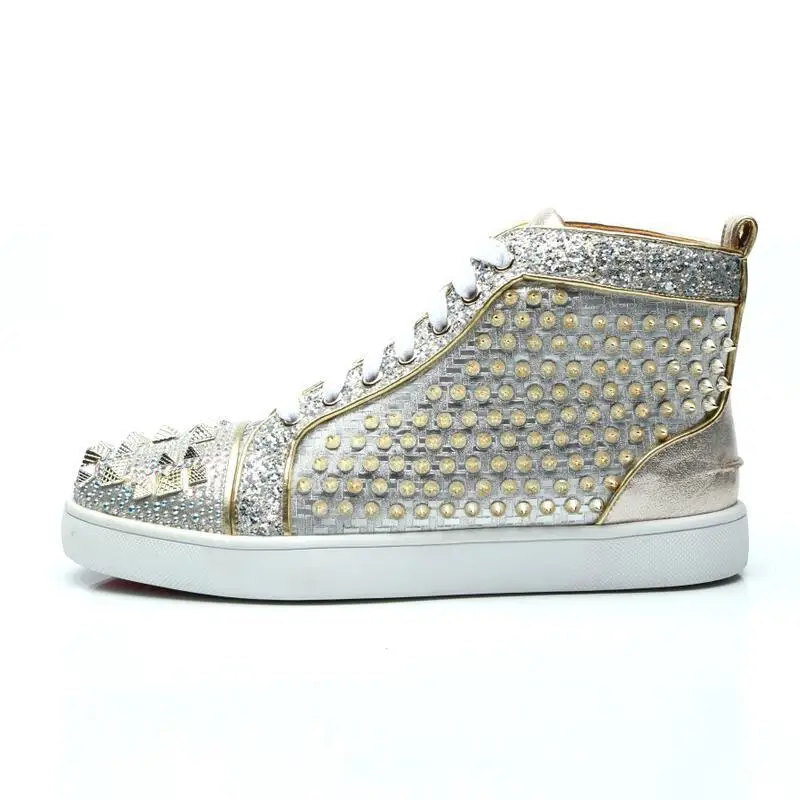 

Red bottom Unisex Style Sneakers Gold Silver Spike RivetsHigh Top Mens Casual Shoes Luxury Solid Designer 38-46