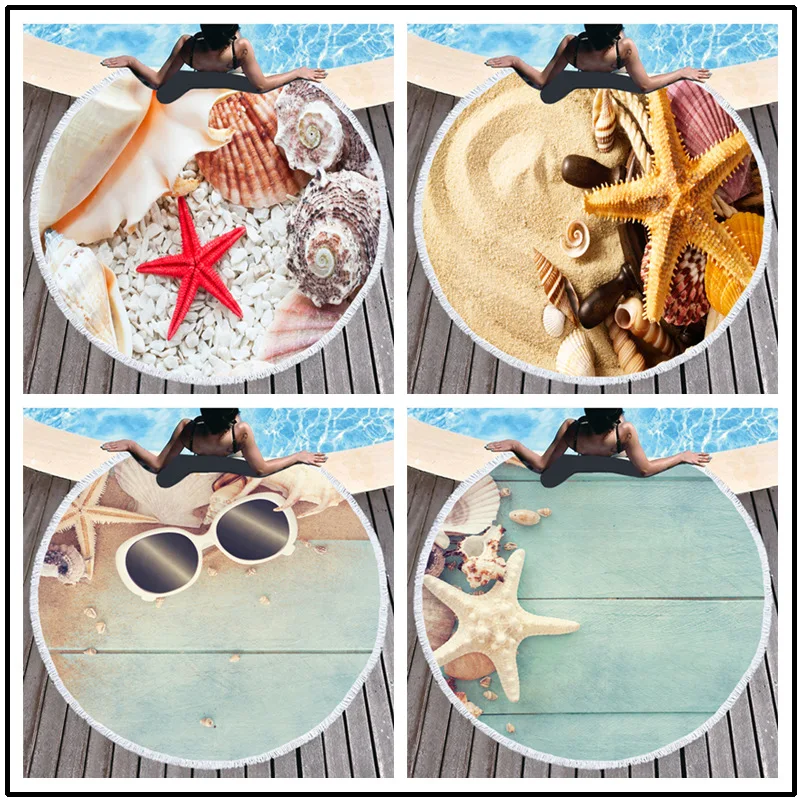 

Beach Towel Bath Towel Circle Printed Shell Superfine Fibre Tassels Hot Sales Europe And America