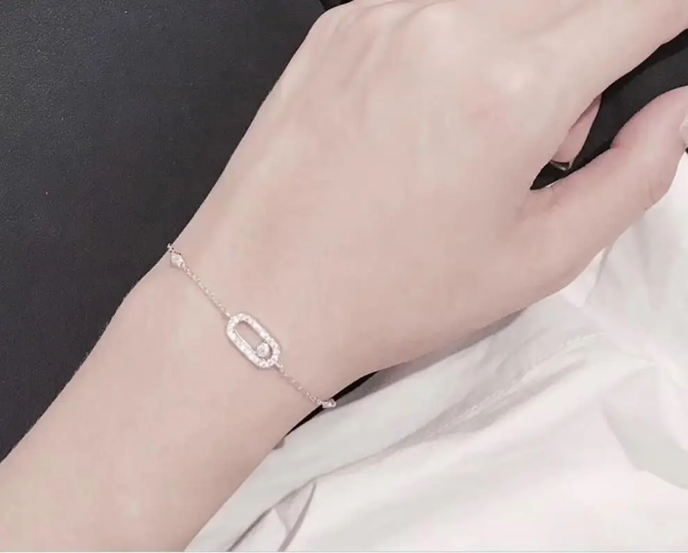 925 Sterling Silver fashion Circle Slide Stone Bracelet CZ crystal Geometric Thin Chain rose gold moving bangle | Украшения и