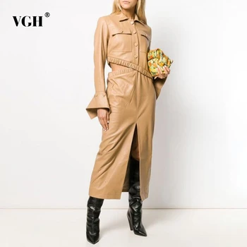

VGH PU Leather Two Piece Set Women Lapel Collar Flare Sleeves Asymmetrical Coats Split High Waist Skirts Female Suit 2020 Autumn