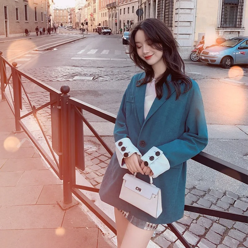 

Photo Shoot Waitmore Laziness-Style Peacock Blue Contrast Color da xiu kou One-Button Loose-Fit Small Suit Jacket Female Spring