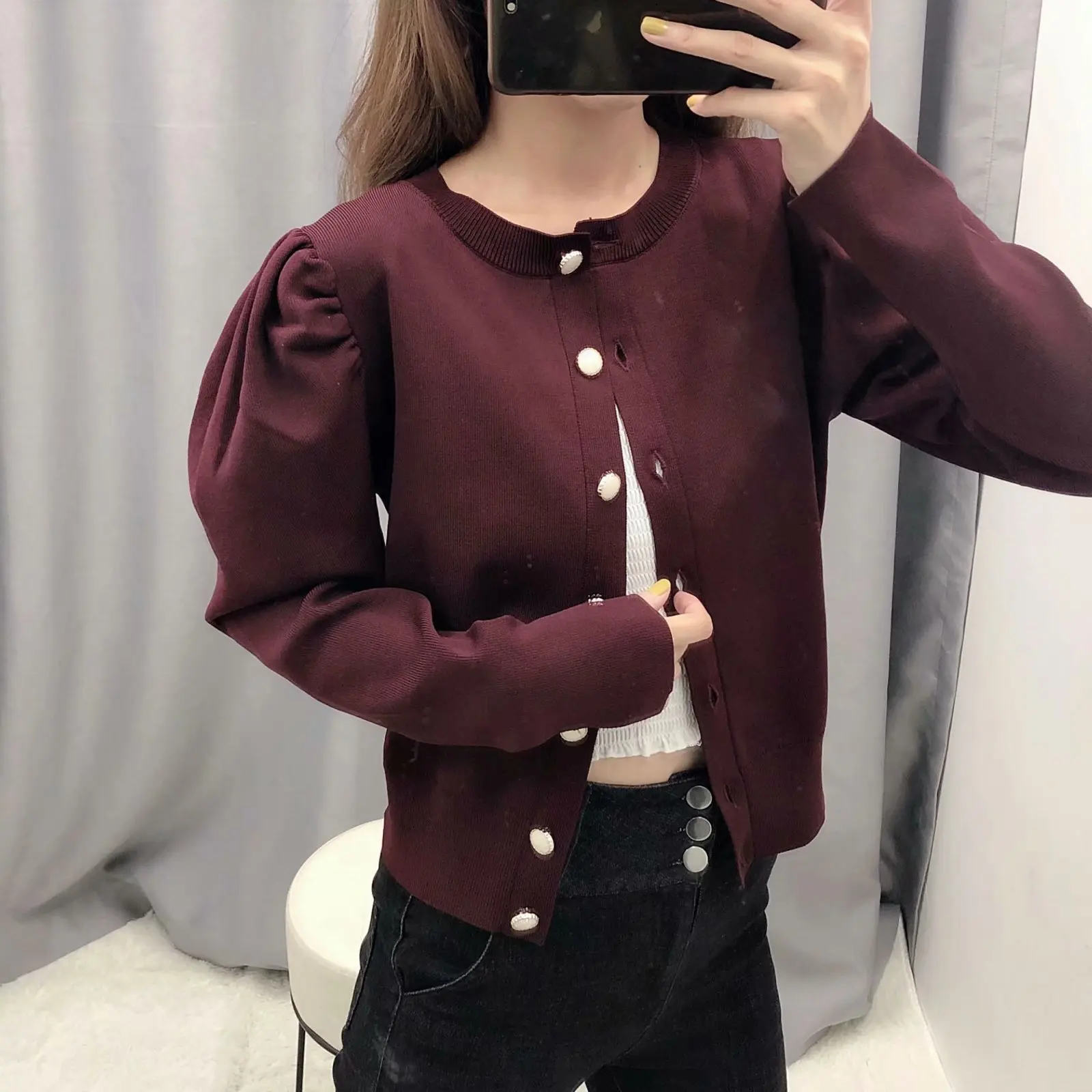 Новинка осени, одноцветная вязаная AliExpress с v-образным вырезом и длинным рукавом в западном стиле