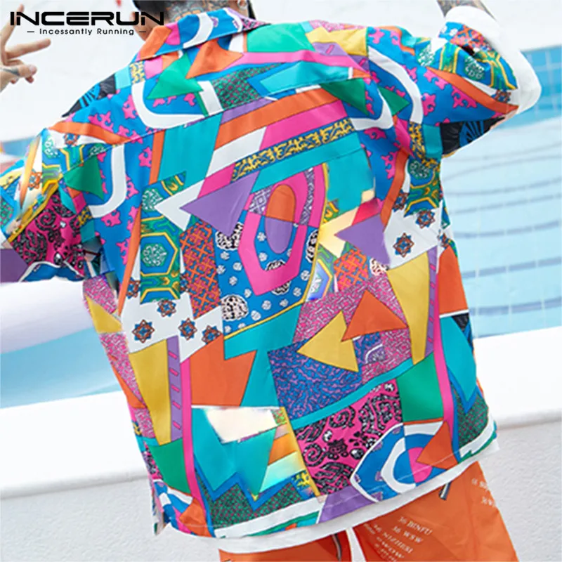 Модная мужская рубашка, Повседневная, с принтом, с отворотом, забавная, короткий рукав,, свободная, брендовая, гавайская рубашка, уличная, Camisa Masculina INCERUN