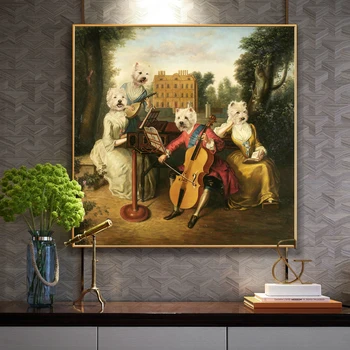 

WANGART Dog Animal Play The Piano Oil Painting Poster Wall Picture For Living Room Canvas Print Home Decor