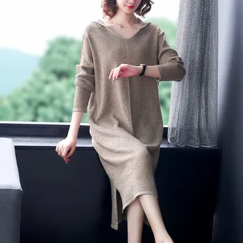

Autumn Winter New Korean Fashion Hooded Long Sweater Dress Midi Length Casual Loose Basic Thick Knitted Dresses Ladies robe pull