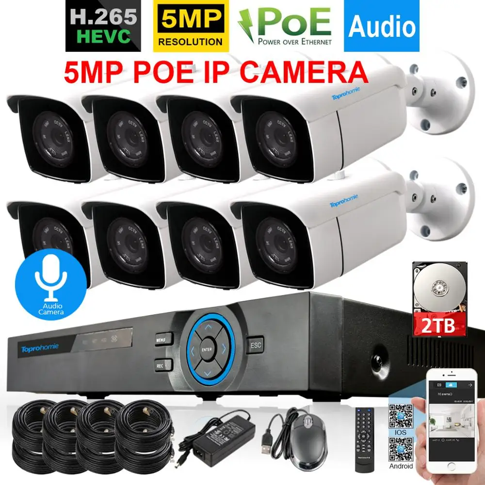 

TOPROHOMIE H.265+ 8CH POE NVR System 48V 5MP Night Vision Audio Record Waterproof IP Camera kit 8CH security surveillance camera