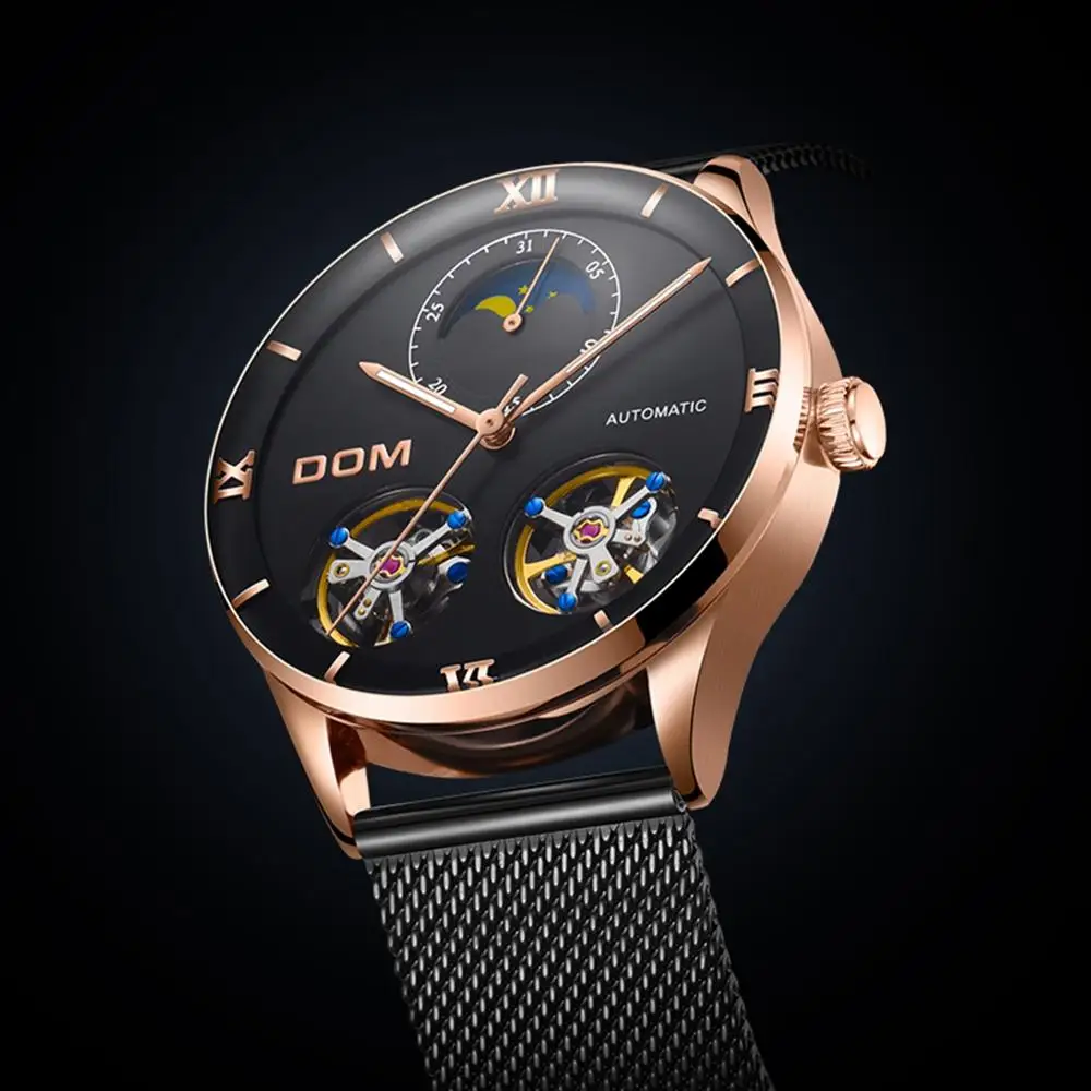 DOM мужские часы модный дизайн скелет спортивные механические часы Moon Phase прозрачный стальной браслет Роскошные мужские часы M-1270GK