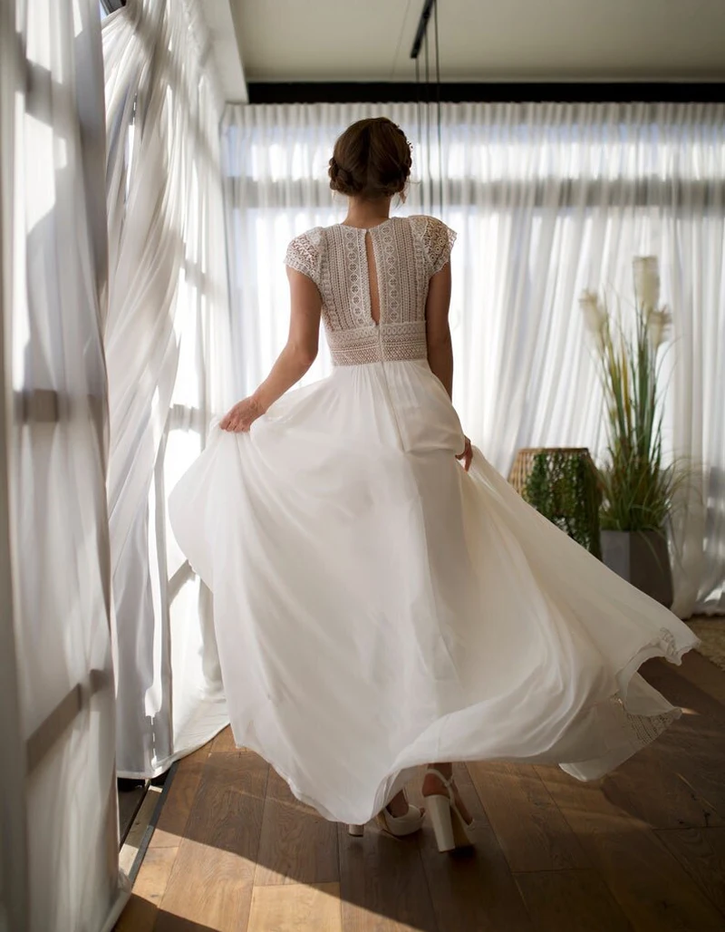 Vintage Bohemian Wedding Dress Lace Cap Sleeves Boho Long Bride Dresses Chiffon Beach Bridal Gown Robe De Marie White Simple