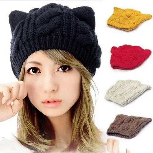

Women's Winter Knit Crochet Braided Cat Ears Beret Beanie Ski Knitted Hat Cap Warm Keeper, Knitting Hat, Cute Cat Ears Design !!