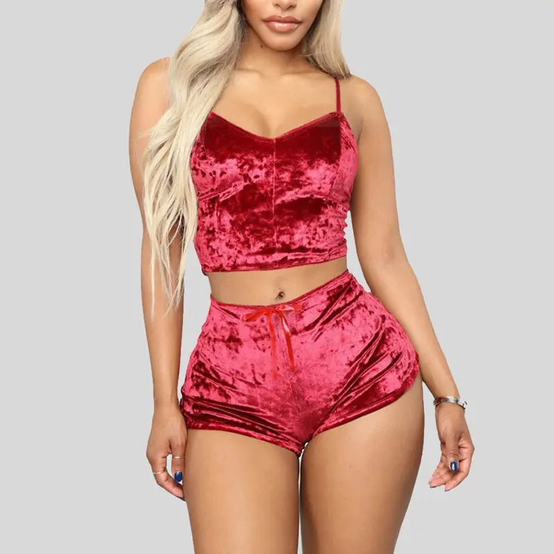 Sexy Velvet 2 Piece Outfit Strap Crop Top Shorts Set Elastic Short Pants Suit Lingerie Sets Ropa Interior Pyjamas Women