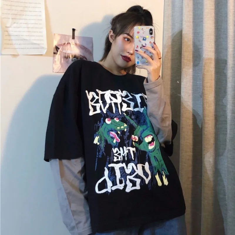 Woherb Harajuku поддельные 2 шт футболка с мультяшным принтом женские футболки с длинным рукавом новые весенние Летние повседневные свободные футболки в стиле хип-хоп