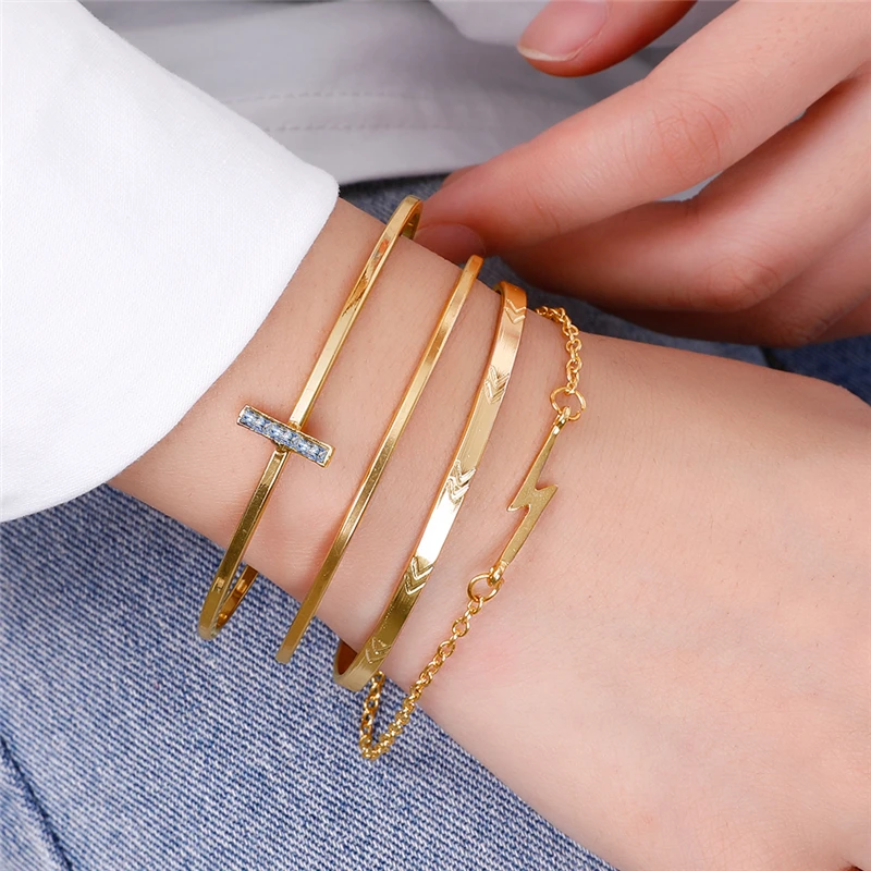 

2019 Gold Silver Copper Alloy Women's Open Bangle Bracelet Set Trendy Zirconia Bar Lightning Logo Link Chain Bracelets Bangles