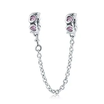 

Promise of love 100% 925 Sterling Silver Sweet Inspiration Pink Heart Safety Chain Stopper fit Charm Bracelet DIY Jewelry SCC562