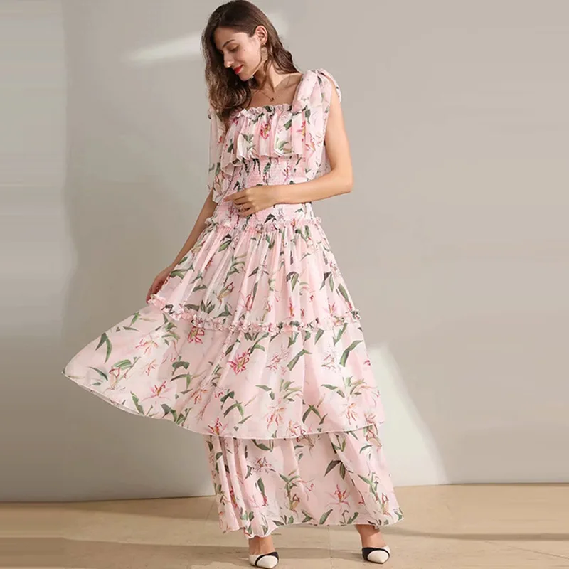 HUAYIMENGYI Zomer Elegante Lelie Afdrukken Roze Lange Jurken Spaghetti Strap Backless Ruches Mouwloze Vrouwen Partij Taart Jurk HUAYIMENGYI Zomer Elegante Lelie Afdrukken Roze Lange Jurken Spaghetti Strap Backless Ruches Mouwloze Vrouwen Partij Taart Jurk