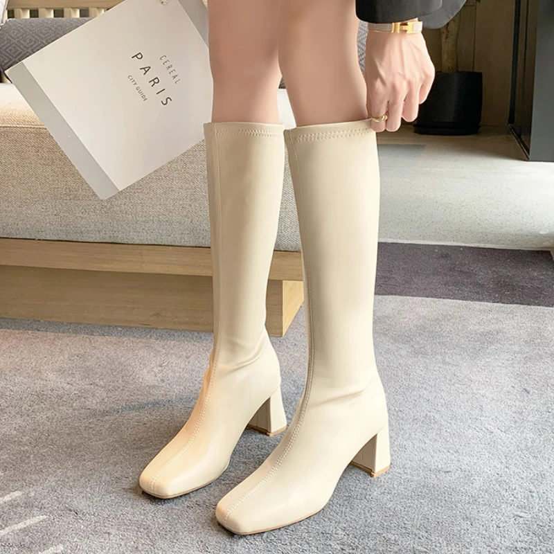 Botas altas con cremallera para mujer, botines hasta rodilla, punta cuadrada, tacón grueso, antideslizantes, Color sólido, invierno, 2021|Botas hasta la rodilla| - AliExpress