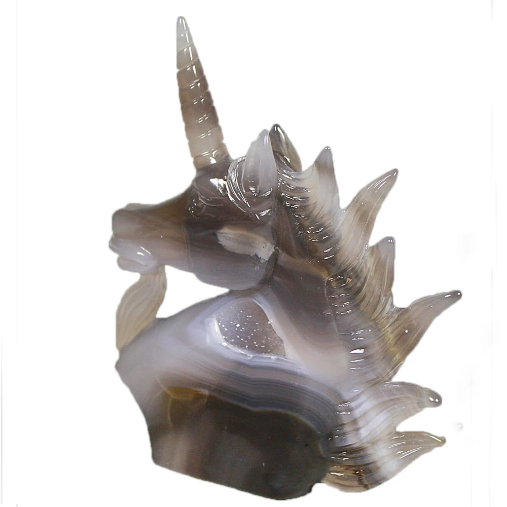 Natural Agate Geode Unicorn Figurine Carving Quartz Crystal Horse Skull Healing Crystal Stone Realistic Cute Animal Home Decora