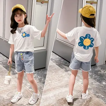 

Summer Clothes Set For Girls Cute Flower Print Children's Clothes Tshirt + Shorts Girls Denim Clothes Teenage Children's Costume