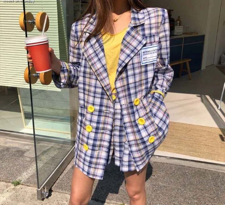 Lady Plaid Blazer Shorts 2 Delige Set Notched Kraag Jas en Hoge Taille Korte Broek Sets Lady Plaid Blazer Shorts 2 Delige Set Notched Kraag Jas en Hoge Taille Korte Broek Sets