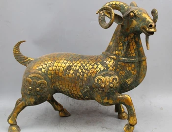 

21" Ancient Chinese Dynasty Bronze Gild Zodiac Year Sheep Beast Head Statue