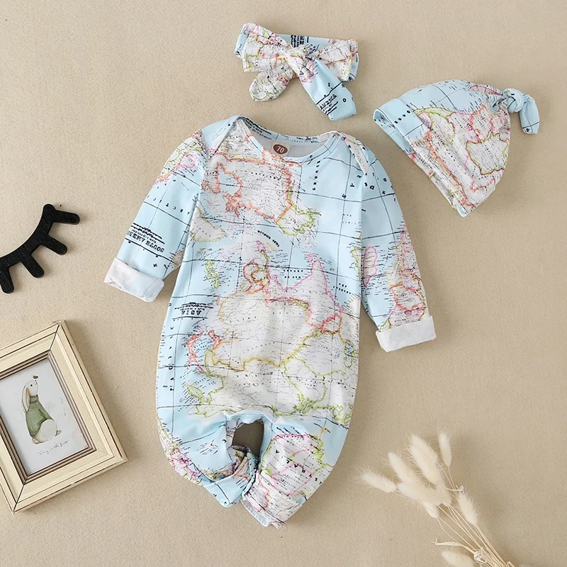 Unilovers 2020 New Spring and Autumn 3-piece Baby Cotton Map Print Long-sleeve Jumpsuit , Headband and Hat