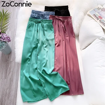 

2020 Summer Autumn Wide Leg Pants Women Drawstring High Waist Long Straight Trousers Pendant Silky Loose Pants Female Clothing