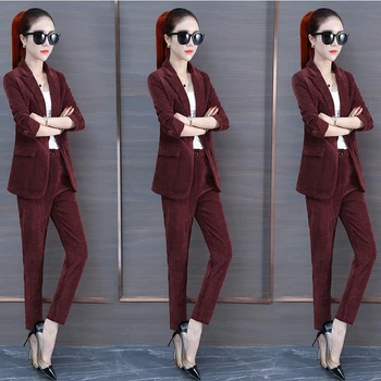 

Women Clothes Stylish Suit Female Corduroy Office Two Piece Set Single-breasted Plus Size Blazer + Trousers Ladies Suits D3439