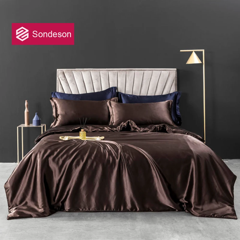 

Sondeson 100% Silk Brown Beauty Bedding Set 25 Momme Silk Duvet Cover Sets Flat Sheet Pillowcase Double Queen King Bed Linen Set