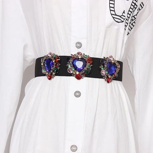 Синий New Rhinestone Belt full crystal wide waistband decorated female body sculpting band designer wide elastic women belts SC46 - Цвет: Синий