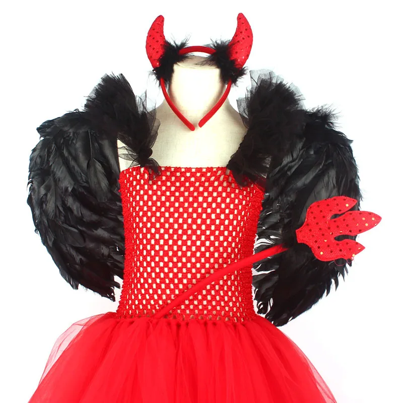 Girls Red Devil Halloween Tutu Dress with Hors Wings Pitchfork Crimson Demon Kids Fancy Dress Up Carnival Party Dress Costume (12)