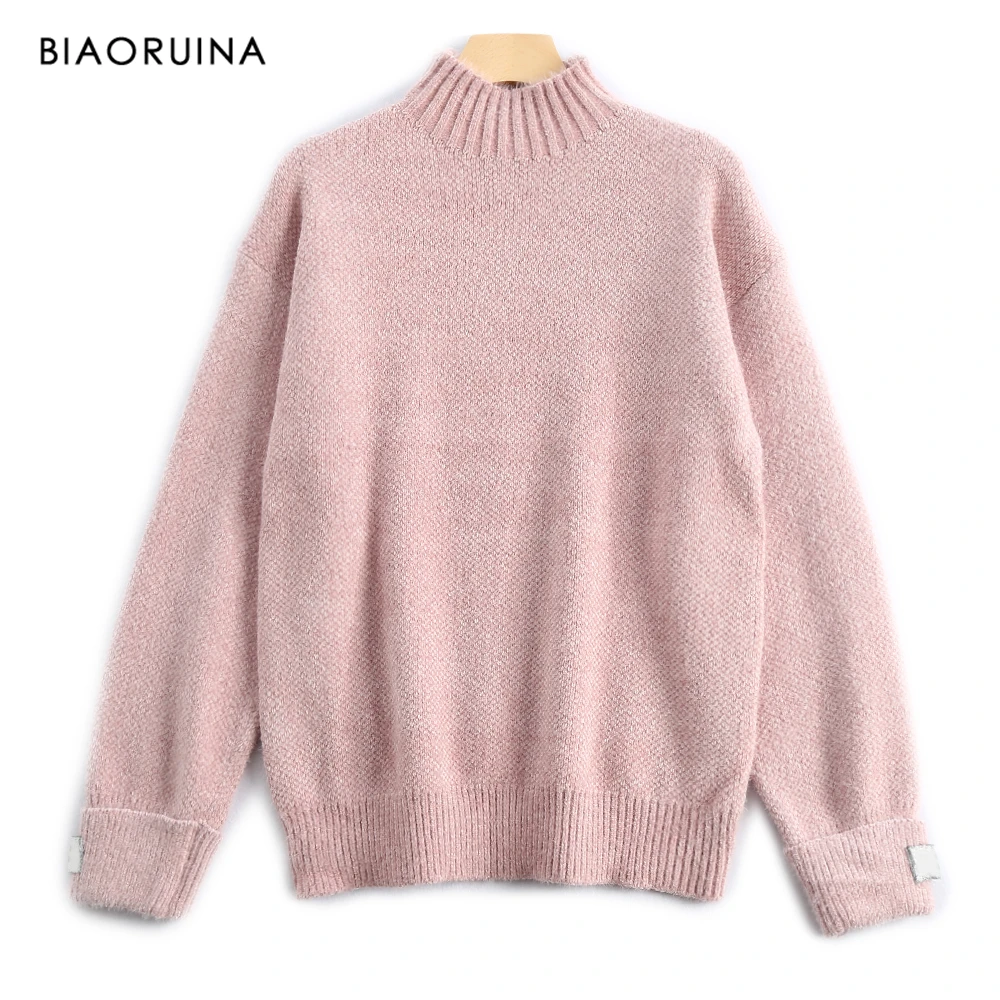 

BIAORUINA 4 Colors Women's Chenille Solid Thick Warm Knitted Sweater Office Lady Casual Turtleneck Pullover One Size