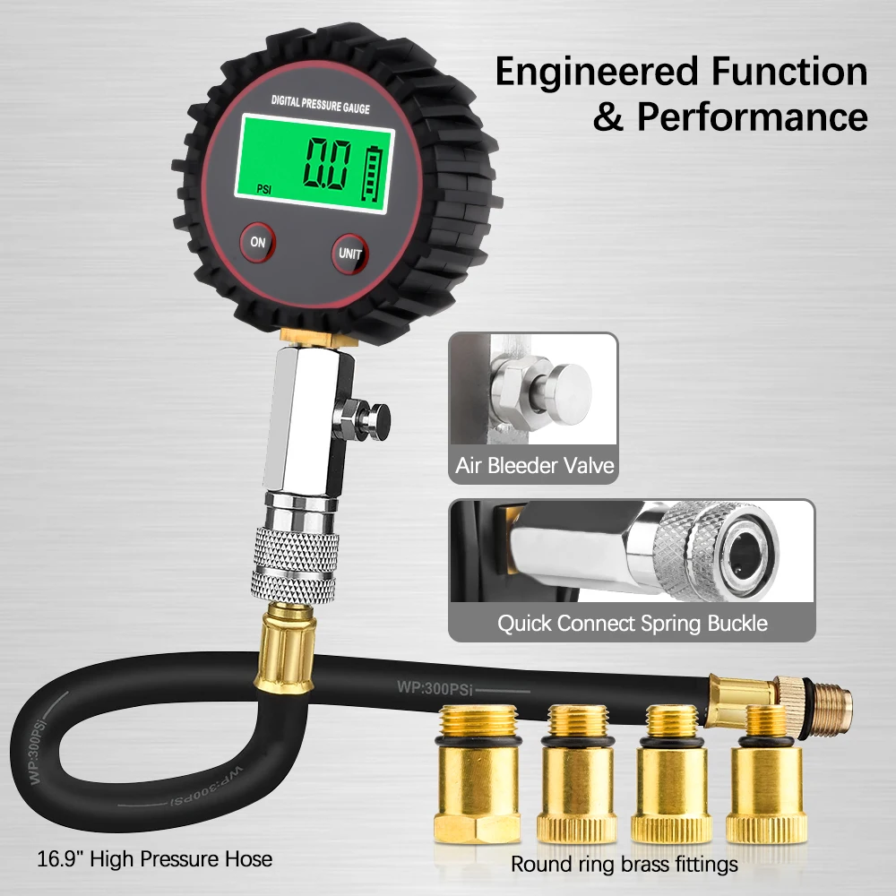 200PSI 가솔린 엔진 디지털 압축 게이지 테스터 가솔린 가스 엔진 실린더 압력 테스트 도구 키트(어댑터 및 호스 포함)